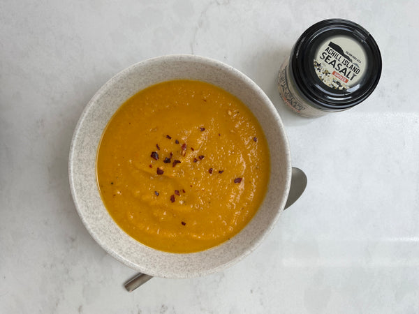 Carrot and Chickpea soup with smoked achill island sea salt