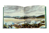 Open book with a landscape illustration on each page