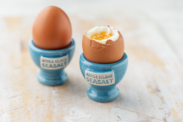 Achill Island Sea Salt Egg Cup, Blue in Colour with Boiled Egg 