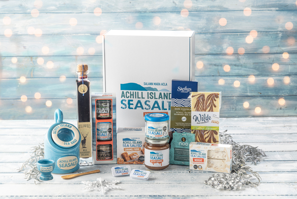 Hamper products in front of Achill Island Sea Salt Hamper Box