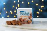 Box of Achill Island Sea Salted Caramel Fudge on a marble surface with a blurred light background