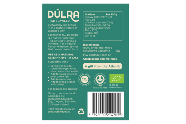 Dulra Irish Seaweed packaging with text and barcode on a green background