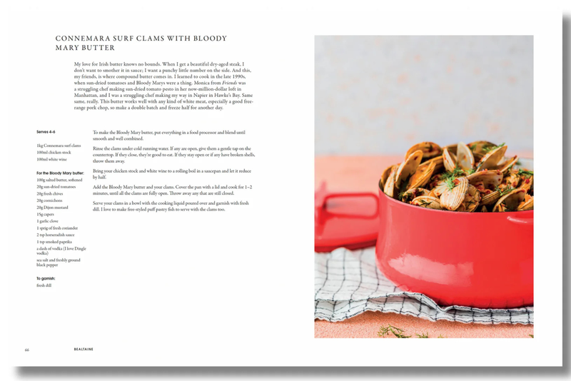 Red pot with food on a checkered cloth next to text on a white background