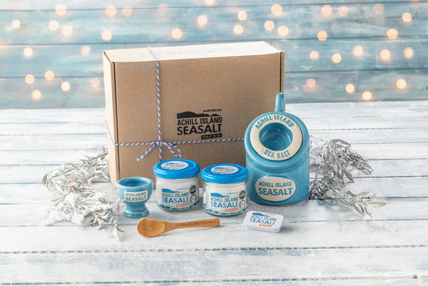 Achill Island Sea Salt Kitchen Essentials hamper box with Achill Island Sea Salt pottery and salt 