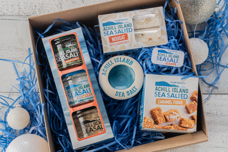 Achill Island Sea Salt Best Sellers Box, three sea salts, pinch pot, sliding tin, fudge and nougat. 